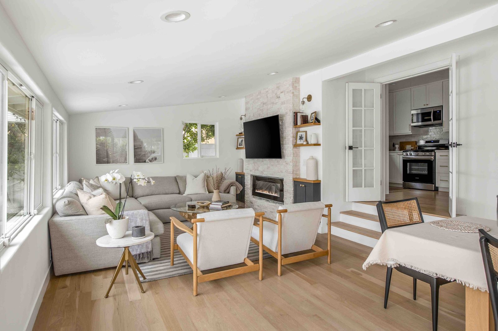 Furnished living room with fireplace at Rose House, Magnolia Park, Burbank